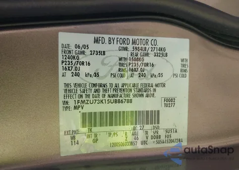 2005 Ford Explorer Xlt/Xlt Sport из США, поврежденный, VIN 1FMZU73K15UB86788